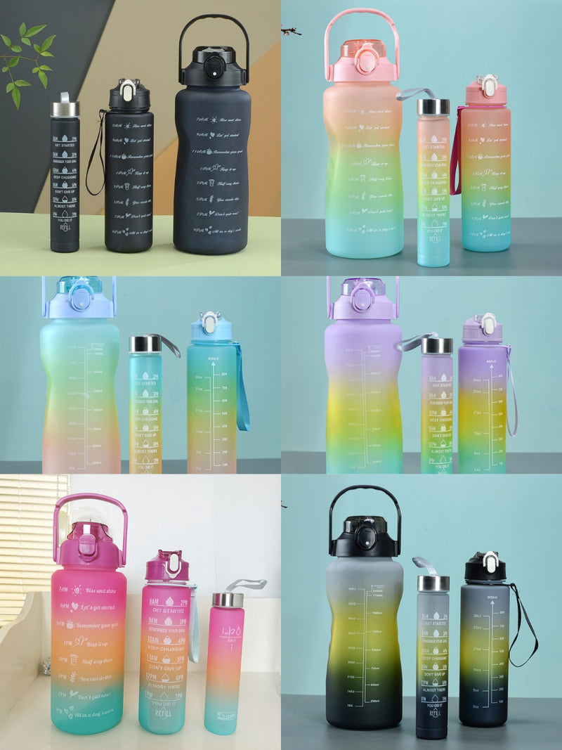 Kit Garrafas 3 em 1 garrafas 2L 900ml 300ml Squeze Academia Treino Tie Dye com adesivos