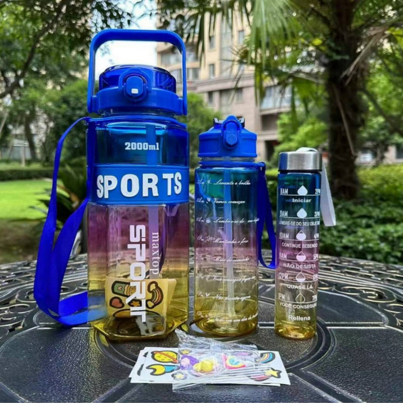 Kit Garrafas 3 em 1 garrafas 2L 900ml 300ml Squeze Academia Treino Tie Dye com adesivos