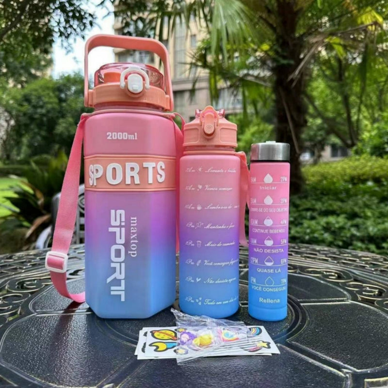 Kit Garrafas 3 em 1 garrafas 2L 900ml 300ml Squeze Academia Treino Tie Dye com adesivos